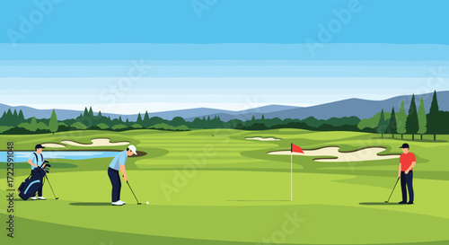 Four golfers engage in a game of golf on a sunny day with green hills and trees in the background.