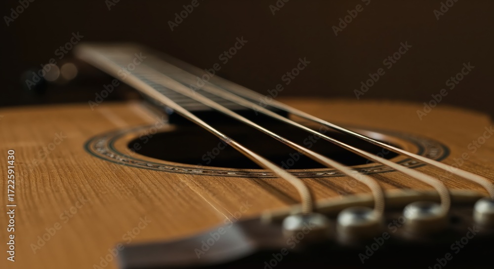 Fototapeta premium Harmonic Echoes: A meticulously composed image capturing the intricate details of an acoustic guitar, where the strings become a testament to the power of music 