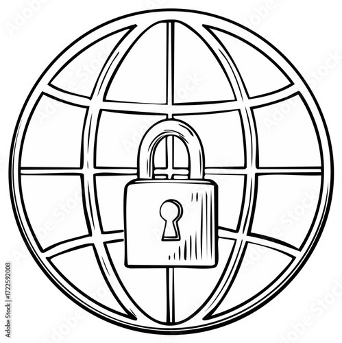 Cybersecurity Data Protection Padlock Locking Globe Internet Safety System Outline