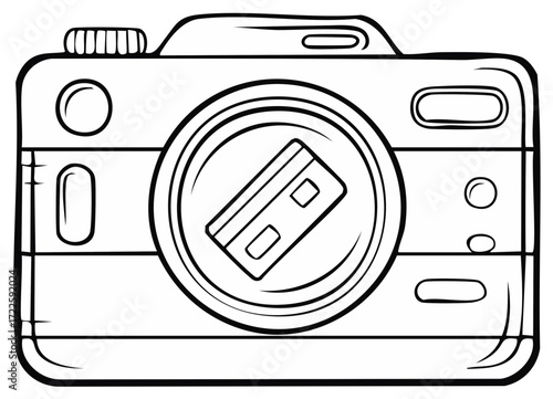 Modern Camera with Credit Card Icon for E-commerce Checkout and Photography Symbolism Outline Illustration