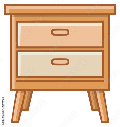 Cartoon bedside table with two drawers with retro style with wooden texture and handles bedroom furniture for home