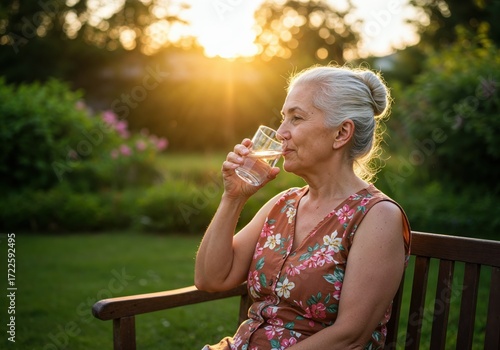 Refreshment in Sunlight: An elderly woman finds solace in a refreshing drink of water while basking in the radiant glow of sunset, a peaceful moment that captures her contentment.