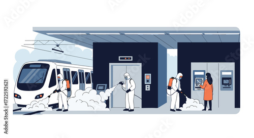 Public transport workers diligently disinfecting subway stations and trains during a health crisis.