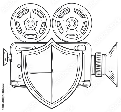 Vintage movie camera with shield emblem concept for film security and protection