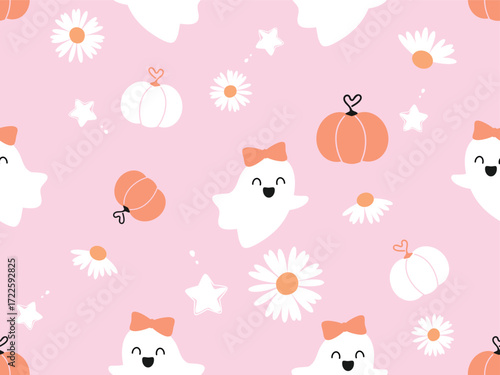 Happy Halloween seamless pattern with cute flying ghost, ribbon bows, stars and daisy chamomile flower on pink background vector.