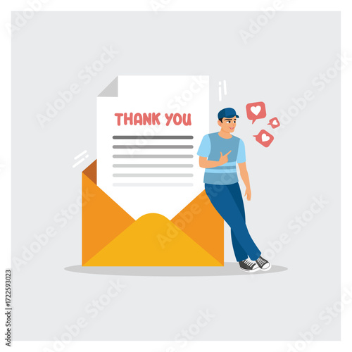 Challenge to Success Concept. Man Showing Gratitude Beside Thank You Note in Envelope.