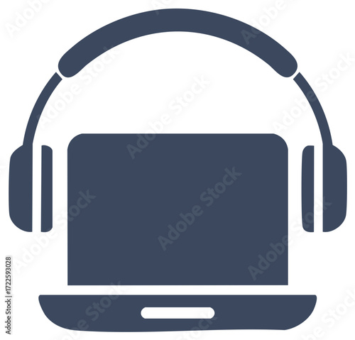 Laptop and Headphones Vector Icon, Computer Device and Audio Headset, Dark Gray Flat Illustration