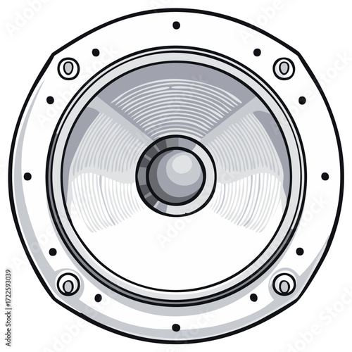 Monochrome comic style vector illustration of a round audio speaker woofer