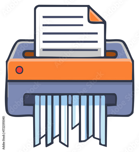 Cartoon illustration of a document being shredded by an office shredder