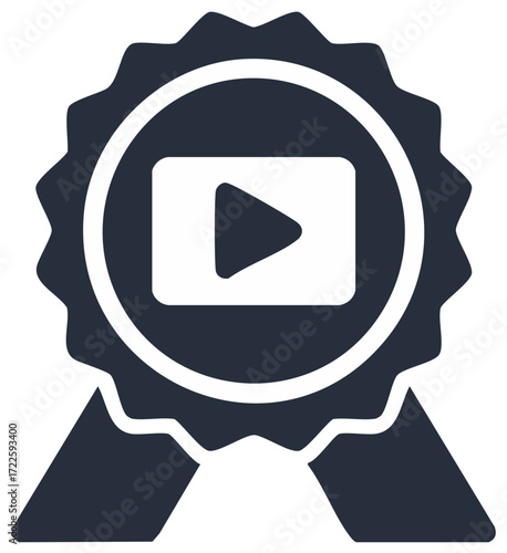 Award winning video icon with quality medal and play button. Film achievement and certification badge.