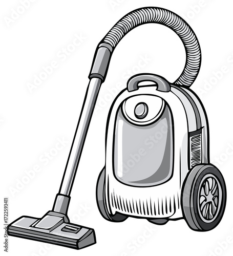 Monochromatic cartoon style illustration of a modern cylinder vacuum cleaner with hose and floor nozzle