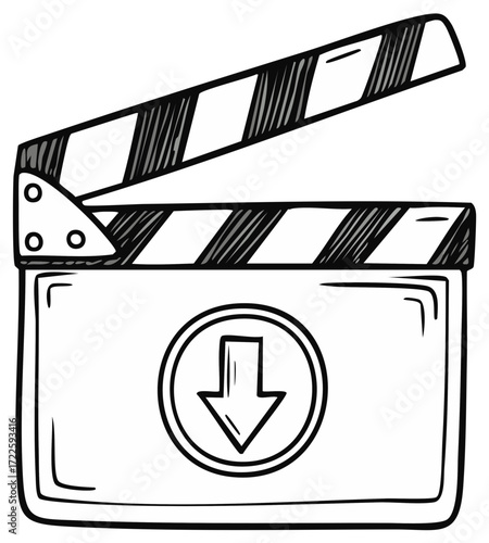 Open Movie Clapboard with Download Arrow Sign Indicating Film or Video Content Downloading