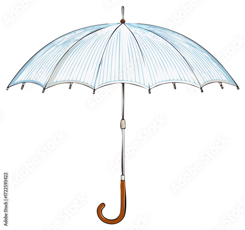 Simple light blue open umbrella illustration with brown curved handle