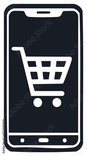 Smartphone screen displaying shopping cart icon, concept of online retail and mobile commerce