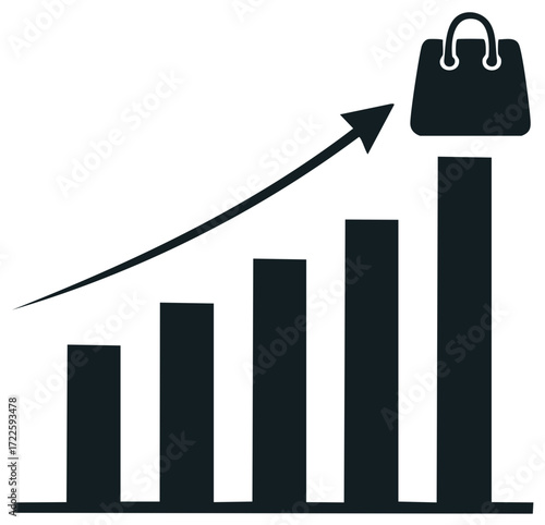 Shopping bag on growing bar chart shows increase in sales and growth concept.