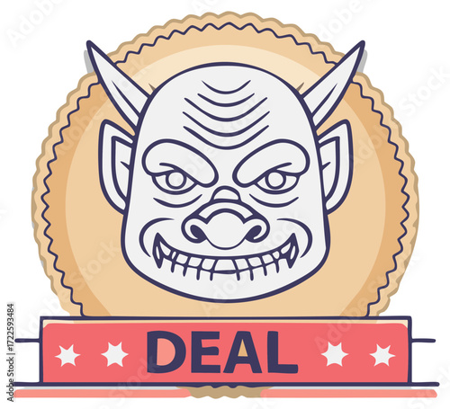 Cartoon devil mascot with horns and a deal banner, devilish and tempting design