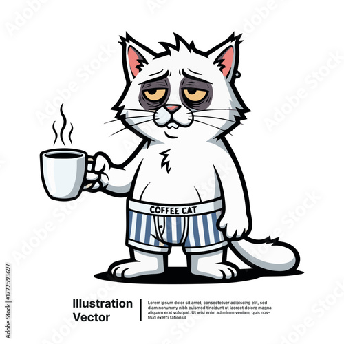 Humorous cartoon of a weary cat in pajamas desperately needing its morning caffeine fix