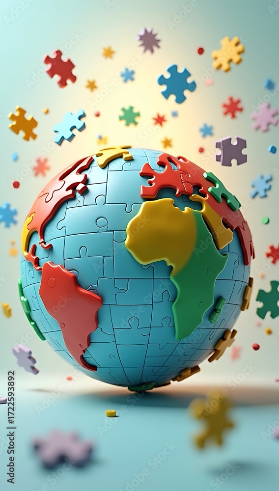 Naklejka premium A glossy 3D puzzle sphere with pieces floating around it, symbolizing global problem solving, strategy, and collaboration.