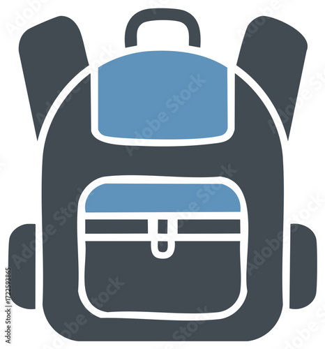 Simple blue and grey backpack vector icon for school, student life, travel, and hiking concepts