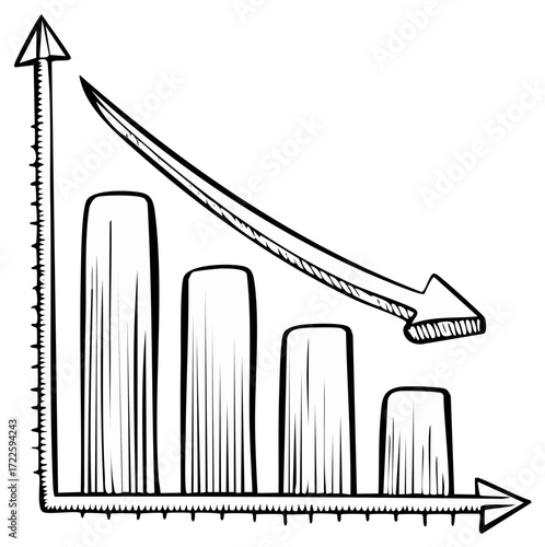 Black and white doodle style bar graph showing decline with a prominent downward arrow
