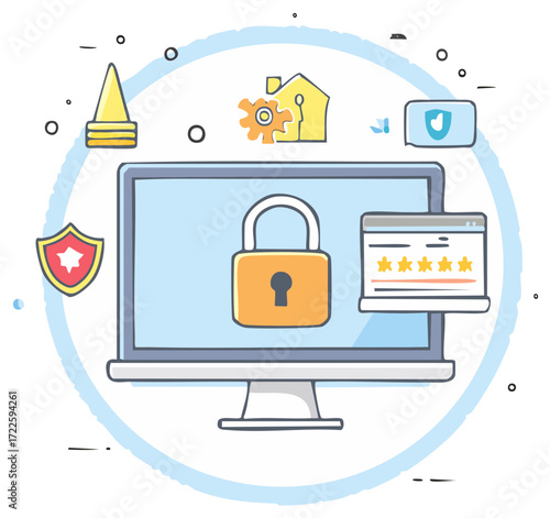 Cybersecurity Concept with Padlock on Computer Screen and Protection Icons