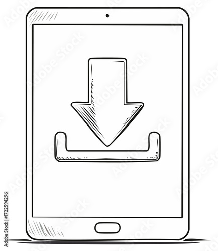 Hand drawn digital tablet with download arrow symbol line art illustration