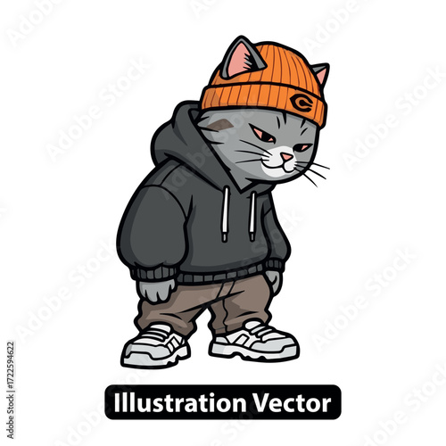 Cool Cat in Urban Style Gray Kitten with Hoodie and Beanie Illustration