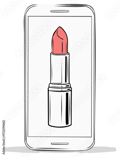 Hand-drawn illustration of lipstick on a smartphone screen for online shopping and beauty apps