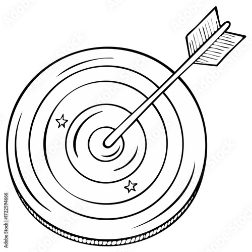 Arrow Hit Bullseye of Dartboard with Stars, Black and White, Success Concept