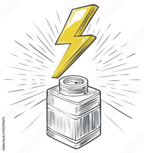 Bright idea sparks from inkwell illustration in vintage style with sunburst effect