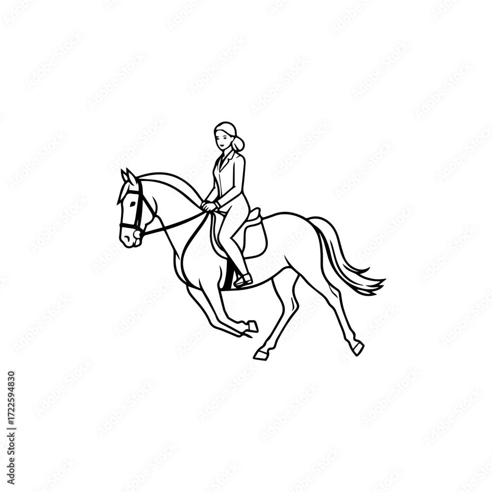 Obraz premium Black and white line art of a beautiful woman with perfect body riding horse elegant minimalist illustration