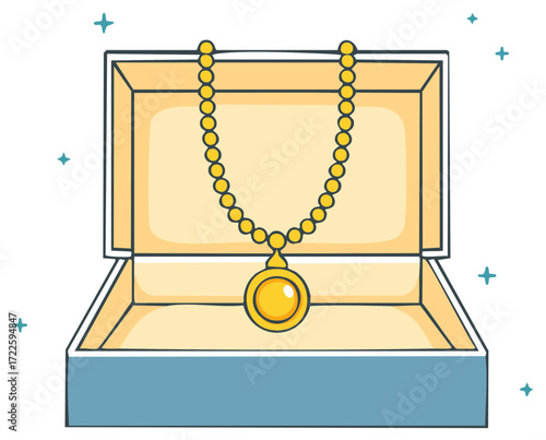 Golden necklace with round pendant displayed in an open jewelry box, cartoon illustration