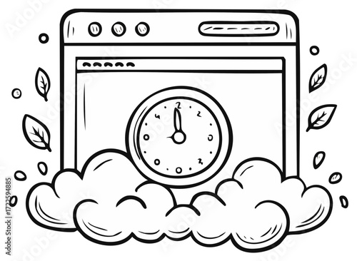 Stylized Time Machine with Clouds and Leaves Line Art Illustration