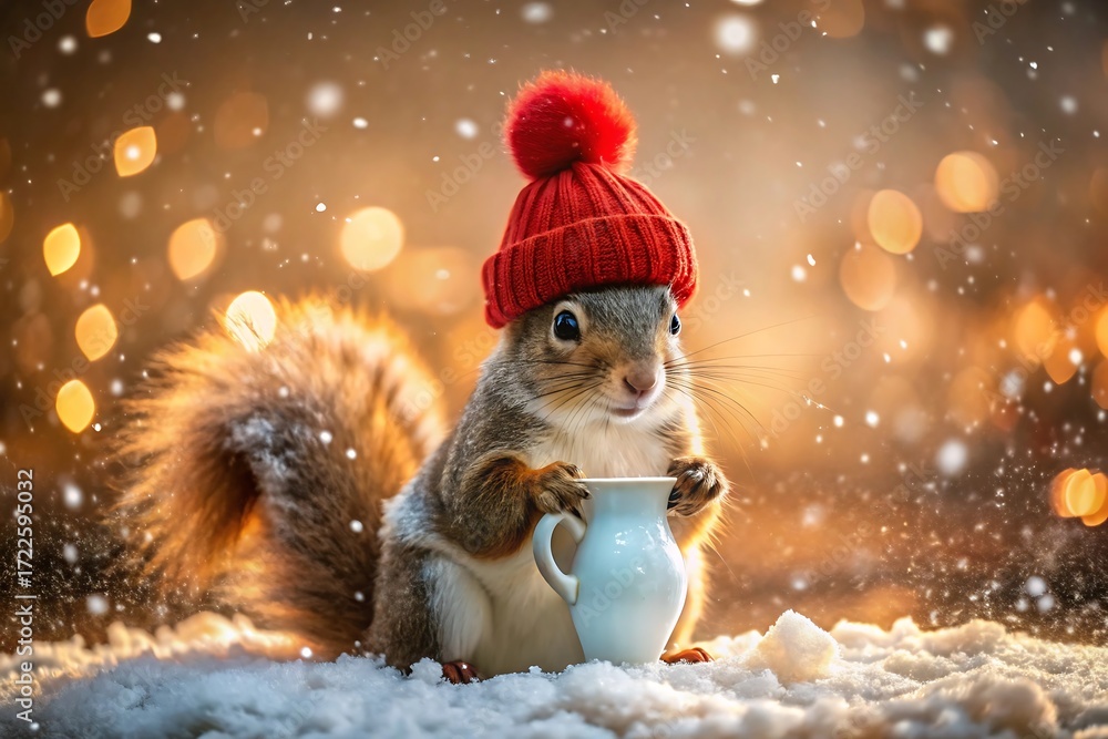 Fototapeta premium Cute squirrel wearing a red knitted hat holding a small white pitcher in the snow with bokeh lights animal
