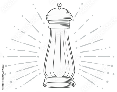Monochrome Pepper Mill Illustration with Sunburst, Hand Drawn Style