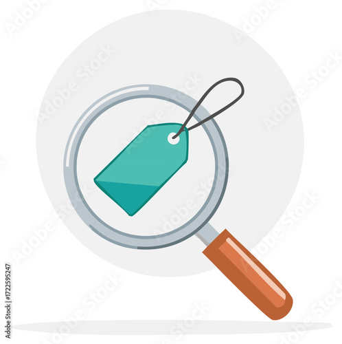 Magnifying Glass Inspecting a Teal Price Tag, Reviewing Costs and Value, Analyzing Offers and Discounts