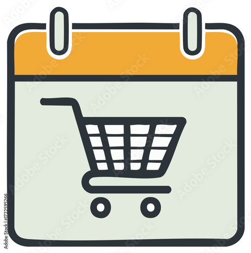 Calendar page icon with shopping cart, schedule sale event reminder, online shopping