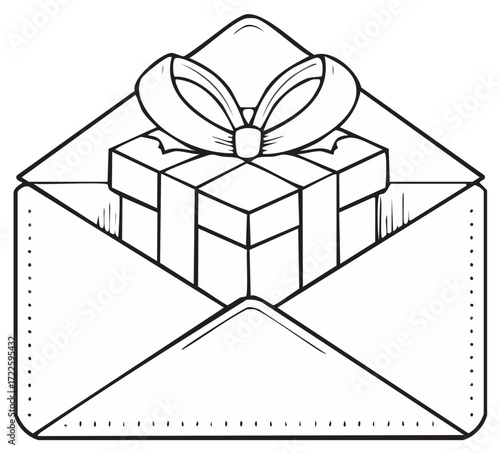 Gift Box With Ribbon Inside Open Envelope Line Art