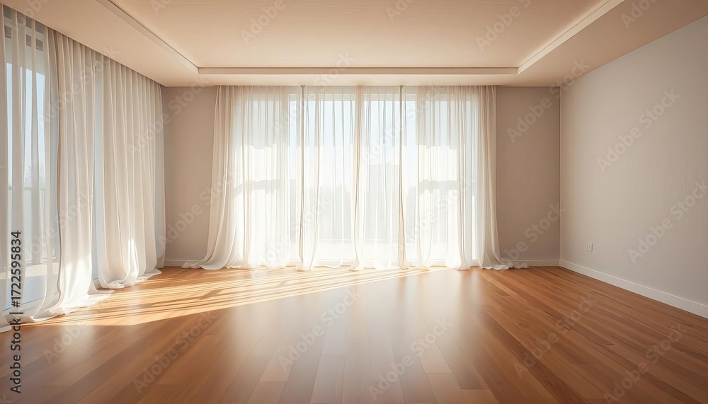Fototapeta premium Empty room, sheer light curtains billowing gently, minimalist, background