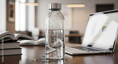 Stay hydrated with a glass water bottle on desk near laptop and books for work or study session focus