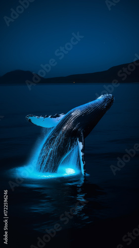 Humpback Whale Breaching at Night Illuminated by Bioluminescence