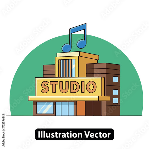 Vibrant Vector Illustration of a Modern Music Recording Studio Building Facade with Musical Note