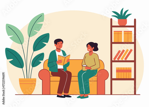 Couple on sofa reading book and drinking coffee with plants and bookshelf in background woman