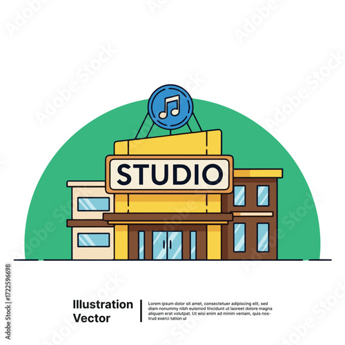 Illustration of a music studio building with a sign and a musical note symbol