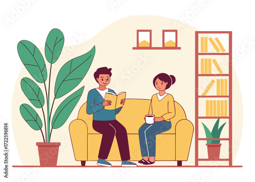 Couple reading a book and drinking coffee on a yellow sofa in a room with plants and bookshelf woman