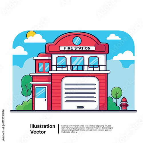 Vector illustration of a city fire station building for emergency services on a sunny day