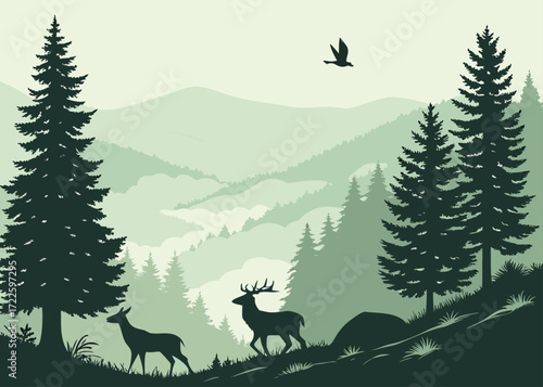 Deer and pine trees on a hillside with misty mountains in the background animal bird