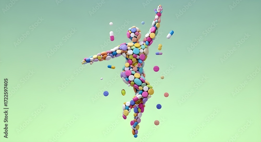 Fototapeta premium The Colorful Pill Dancer A Vibrant Illustration of Health and Movement