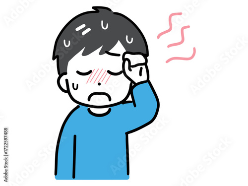 汗をかく暑そうな私服の若い男性(上半身・正面)