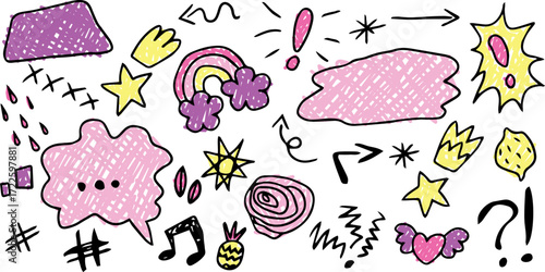 Sketch icons hand drawn, children draw style, grunge style set. Rainbow, speech bubble, exclamation mark, comet, arrows, heart, pineapple, lemon. Pink, purple, yellow brush color. Decorative doodle 